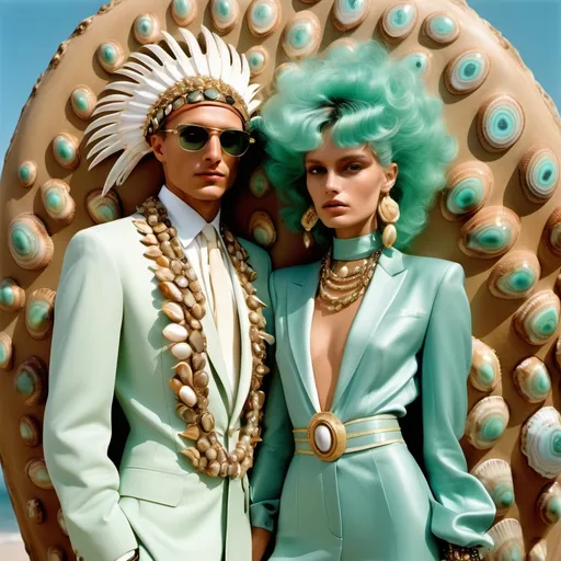 Prompt: Valentino PUCCI FERRAGAMO Armani 1990's 1920's PSYCHEDELIC Hollywood OUTFITS  WITH SHELLS  and gold Cartier accents and abalone on swedish Indian Brazilian slender tall gorgeous female and male model with sea foam green hair as a Sandro Botticelli full body elegant fashion editorial French couple portrait painting featuring two people and with mother of pearl and large abalone SHELL palm headdress with aquamarine and diamonds