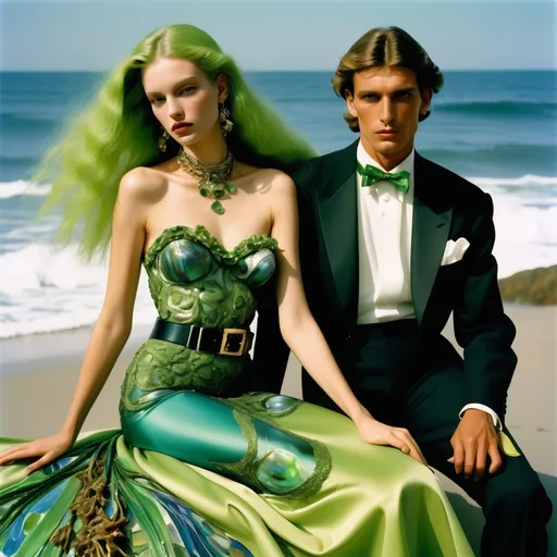 Prompt: Valentino FERRAGAMO Armani 1990's 1950's  Swarovski seaweed  Hollywood gown  with lime green seaweed embroidered accents and green abalone silk and seaweed belt on swedish Indian Egyptian tan slender tall gorgeous female and male model with vibrant green hair as a Sandro Botticelli full body elegant fashion editorial French couple oceanic mermaid seaweed bed portrait painting featuring two people and with mother of pearl and large abalone raffia palm headdress with emeralds