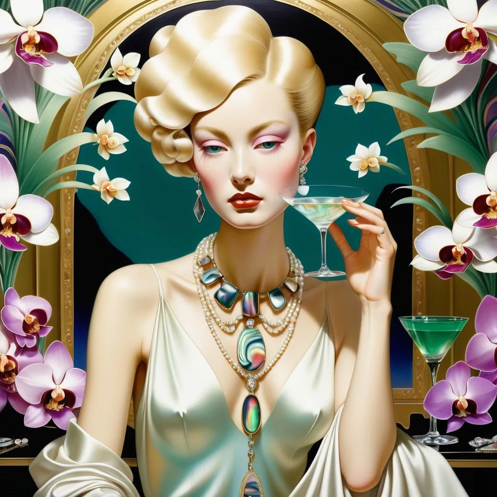 Prompt: Cartier Gatsby extravagant luxury 1990's 1920's  chinoiserie white shiny luminous abalone mother of pearl elaborate silk white platinum gold penthouse martini bar room with micro orchids with yellow coral green abalone and featuring pink violet jade chartreuse pearl diamond blue black and floral calligraphy art as a Sandro Botticelli painting in transcendent psychedelic style