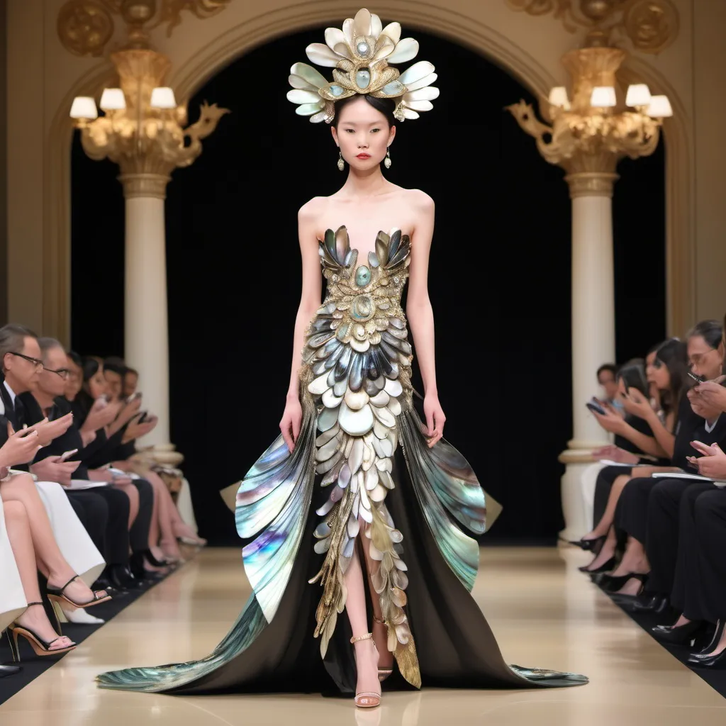 Prompt: Monaco female model with cartier whimsical gorgeous Chen Lu, aestheticism,  featuring abalone and Mother of pearl and black Tony Ward  Valentino fitted gold gown full length body photo on runway with floral heels Large Balinese micro orchid abalone headdress