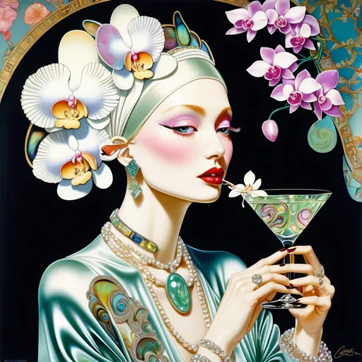 Prompt: Cartier Gatsby extravagant luxury 1990's 1920's  chinoiserie white shiny luminous abalone mother of pearl elaborate silk white platinum gold penthouse martini model in bar room with micro orchids with yellow coral green abalone and featuring pink violet jade chartreuse pearl diamond blue black and floral calligraphy art as a Sandro Botticelli painting in transcendent psychedelic style