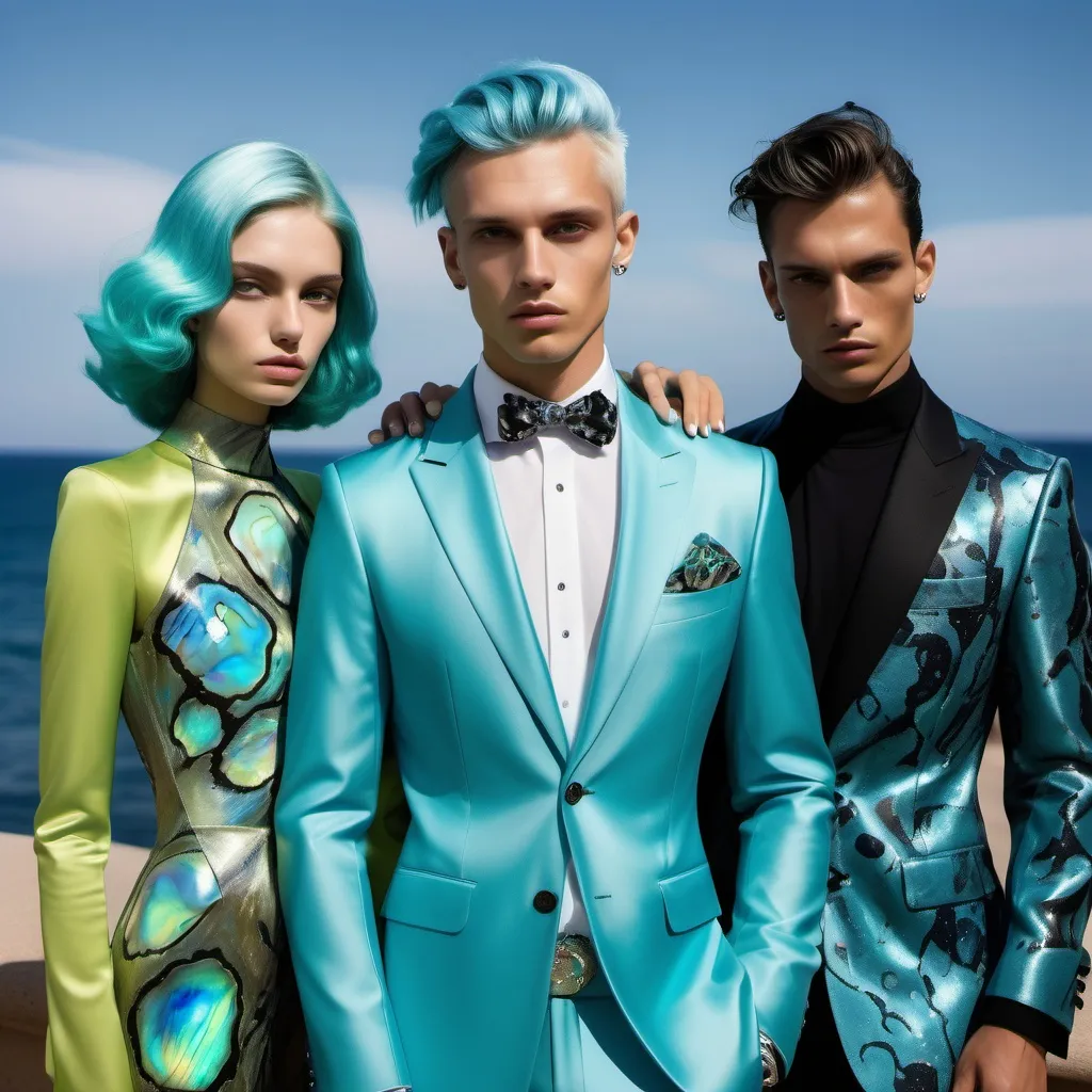 Prompt: a handsome male Catalan polish swedish male model with blue hair and blue abalone Armani silk suit and a Monaco Bulgarian swedish French gorgeous female model with aqua hair and lavish cartier with whimsical gorgeous extravagant aestheticism,  featuring blue abalone and Mother of pearl and chartreuse  turquoise black Prada Armani emilio pucci Valentino fitted silk gown as a Sandro Botticelli portrait painting with Polynesian Cartier white  abalone headdress with green opals