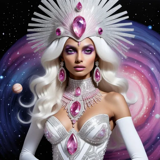 Prompt: White dreamy cosmic genie Indian water extraterrestrial goddess Monaco swedish indian casino showgirl miss India miss universe extravagant pink diamonds and platinum blonde hair and pink eyes in zuhair Murad beaded fitted embellished pearly white luminous platinum silver chrome violet white pearl opal diamond Swarovski crystal costume gown as a Sandro Botticelli full body cosmic planetary Star Trek alien goddess painting with large Cartier royal jewels and mother of pearl milky way venus Aphrodite themed