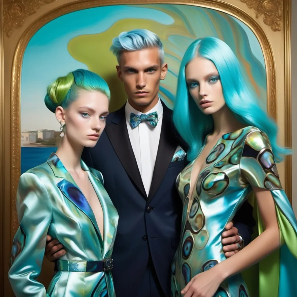 Prompt: a handsome male Catalan polish swedish male model with blue hair and blue abalone Armani silk suit and a Monaco Bulgarian swedish French gorgeous female model with aqua hair and lavish cartier with whimsical gorgeous extravagant aestheticism,  featuring blue abalone and Mother of pearl and chartreuse  turquoise black Prada Armani emilio pucci Valentino fitted silk gown as a Sandro Botticelli portrait painting with Polynesian Cartier white  abalone headdress with green opals