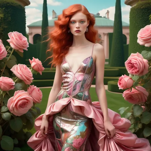 Prompt: French Russian swedish super model with vibrant red hair 
wearing shiny red pink magenta platinum abalone luxury Chanel Zuhair murad Vera Wang given why Valentino dress featuring 1920's classy Gatsby attire 
Sandro Botticelli full body Portrait painting in an opulent whimsical vibrant Versailles pink red peach rose garden