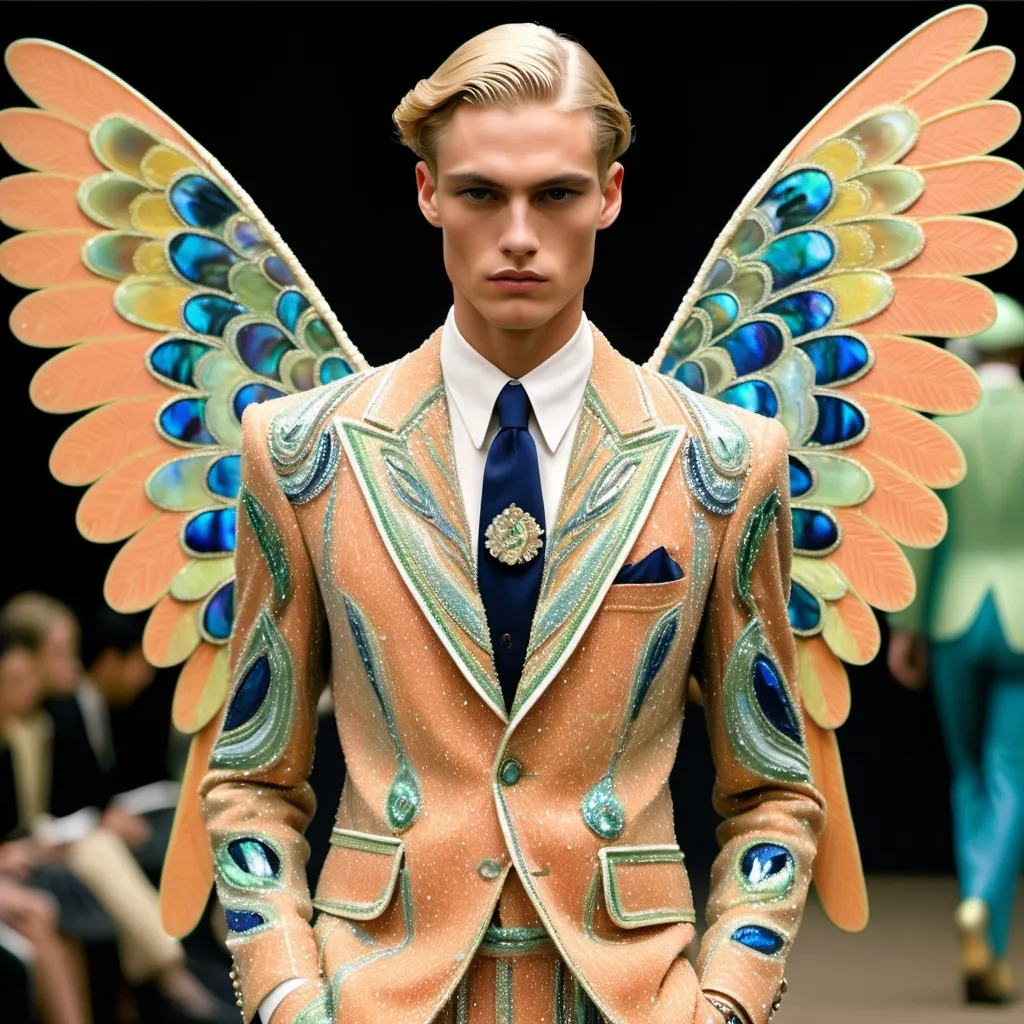 Prompt: Chanel Armani Gatsby extravagant luxury 1990's 1920's 1940's fashion in psychedelic embroidered beaded 
Orange Green Blue yellow white abalone on Monaco Catalan Indian slender tall gorgeous masculine muscular tan stunning male model in elaborate beaded 1920's Chanel japanese Korean fitted  suit with navy chrome peach green ABALONE ANGEL WINGS as a Sandro Botticelli Portrait full body painting in Monaco casino