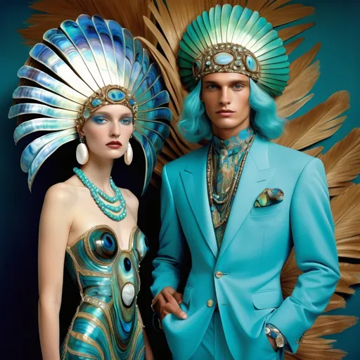 Prompt: Valentino FERRAGAMO Armani 1990's 1920's ornate chanel Hollywood gown with vibrant neon aqua abalone on swedish  Caribbean gorgeous female and male model with and vibrant turquoise blue styled hair as a Sandro Botticelli full body elegant fashion editorial French couple portrait painting featuring two people and with large mother of pearl and indigo abalone SHELL palm headdress with and diamonds shaped like cosmic stars