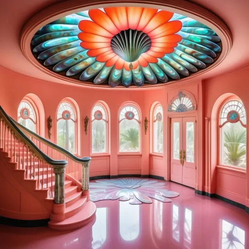 Prompt: a very large peach scallop shell mansion with a walkway leading to it , David LaChapelle, art deco, exotic psychedelic trippy fantastically gaudy, an art deco sculpture as a Sandro Botticelli painting featuring abalone and pearls and opals and coral