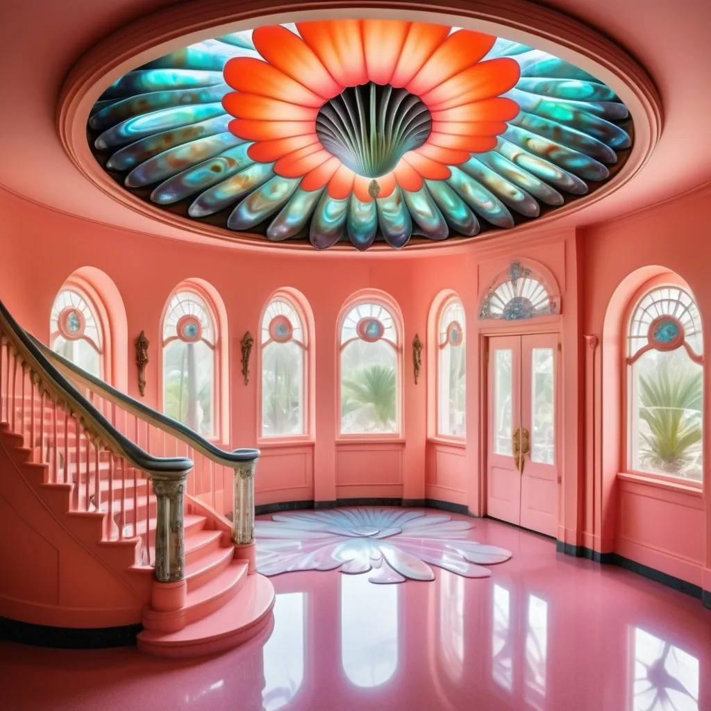 Prompt: a very large peach scallop shell mansion with a walkway leading to it , David LaChapelle, art deco, exotic psychedelic trippy fantastically gaudy, an art deco sculpture as a Sandro Botticelli painting featuring abalone and pearls and opals and coral