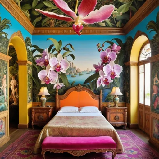 Prompt: vibrantly colorful exotic enchanted mythical bedroom with orchid murals as a sandro botticelli painting