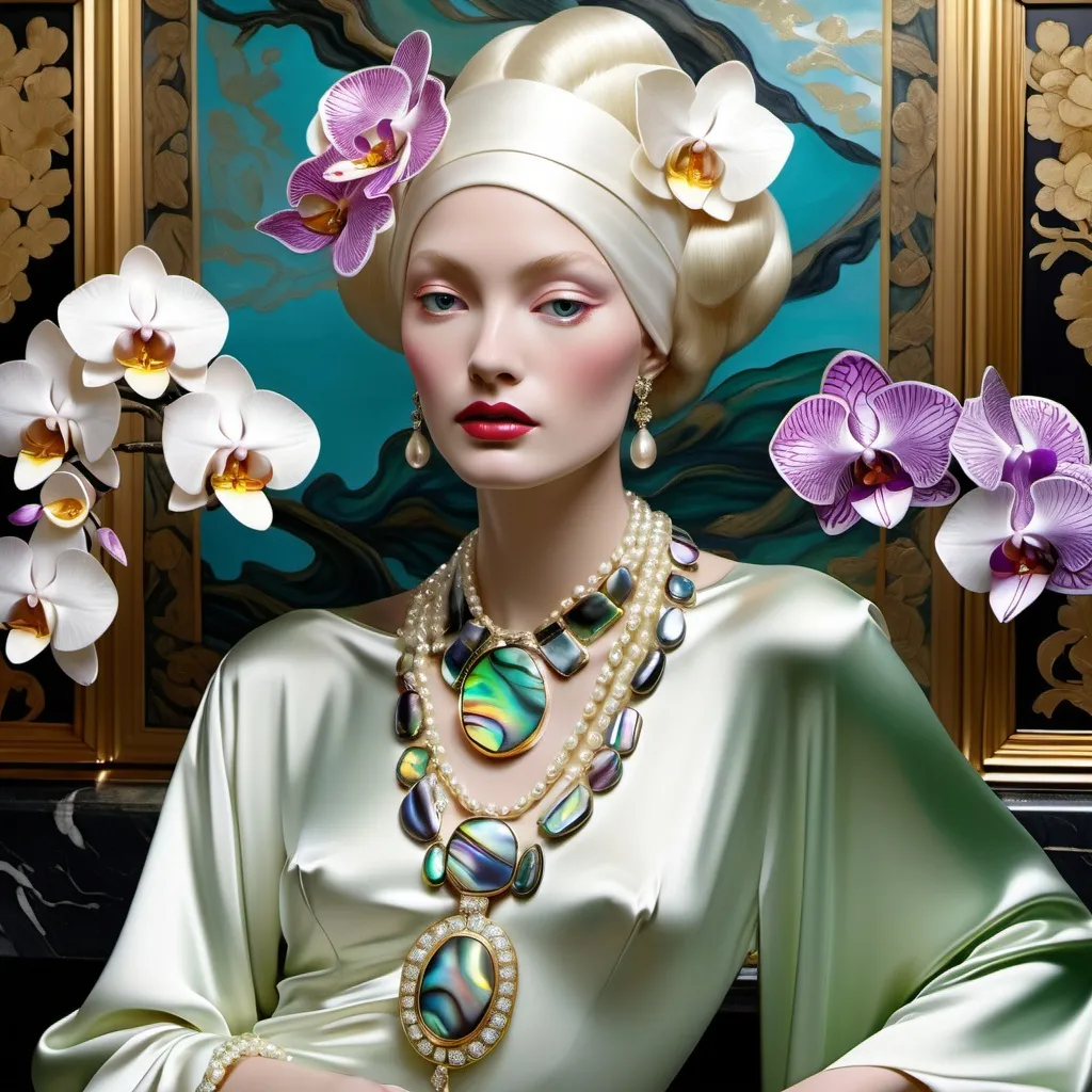 Prompt: Cartier Gatsby extravagant luxury 1990's 1920's  chinoiserie white shiny luminous abalone mother of pearl elaborate silk white platinum gold penthouse model in bar room with micro orchids with yellow coral green abalone and featuring pink violet jade chartreuse pearl diamond blue black and floral calligraphy art as a Sandro Botticelli painting in transcendent psychedelic style