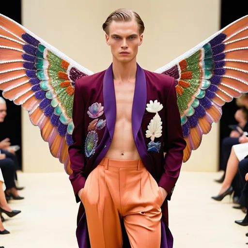 Prompt: Chanel Armani Gatsby extravagant luxury 1990's 1920's 1940's fashion in 
Orange burgundy purple navy mother of pearl emerald ruby abalone on swedish Monaco slender tall gorgeous masculine muscular male model in elaborate beaded 1920's Chanel japanese fitted kimono iris van herpen silk embroidered pant suit with chartreuse chrome peach ABALONE ANGEL WINGS and with indigo hair as a Sandro Botticelli Portrait full body painting in Monaco casino