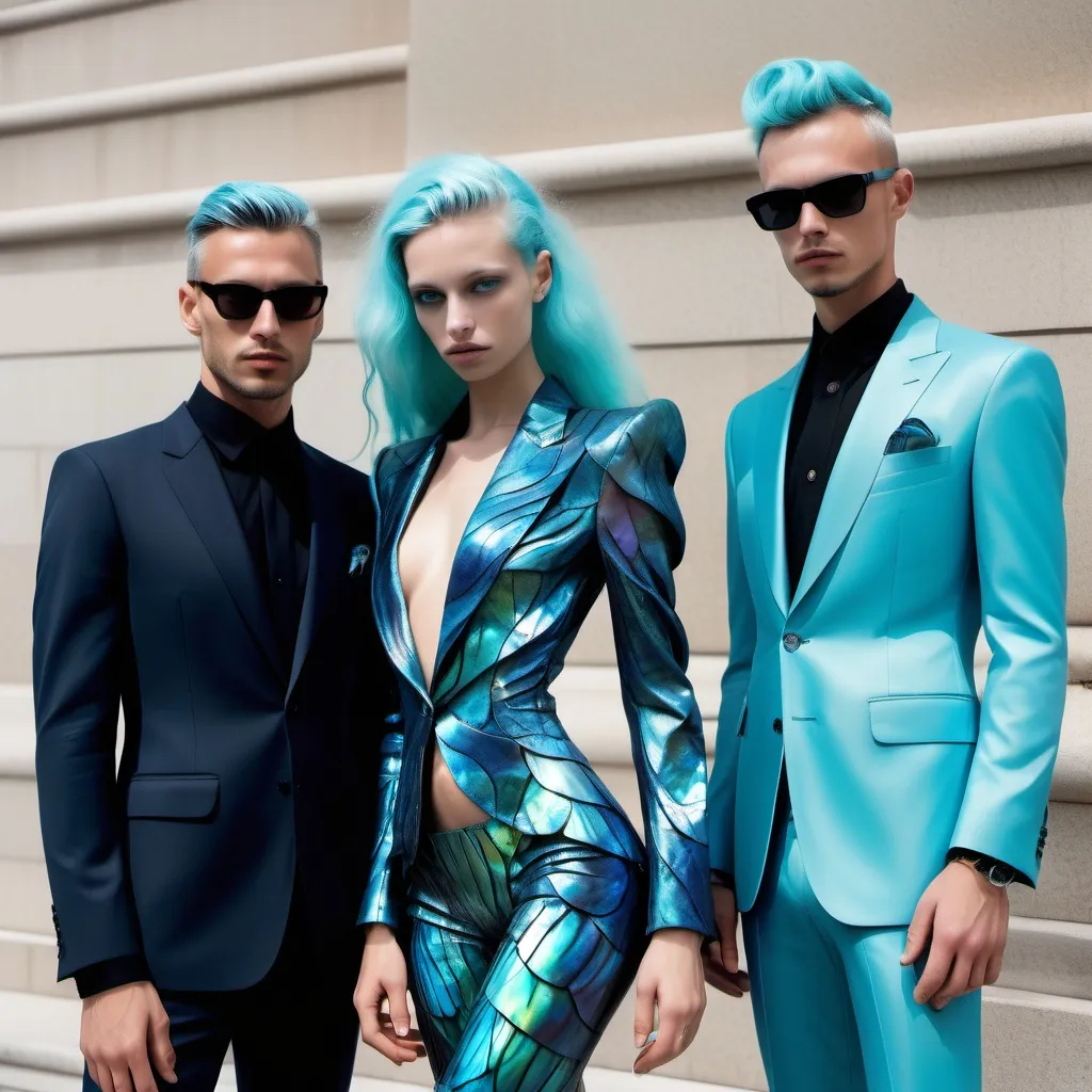 Prompt: a handsome male Catalan Greek swedish divine sacred male model with blue hair and blue abalone Armani silk suit and iris van herpen arch Angel Michael wings a Monaco Bulgarian swedish French gorgeous female model with aqua hair and lavish cartier with whimsical gorgeous extravagant aestheticism,  featuring blue abalone and Mother of pearl and chartreuse  turquoise black Prada Armani emilio pucci Valentino fitted Balinese Amazonian silk gown as a Sandro Botticelli portrait painting with large Balinese Polynesian Cartier white  abalone headdress with green opals