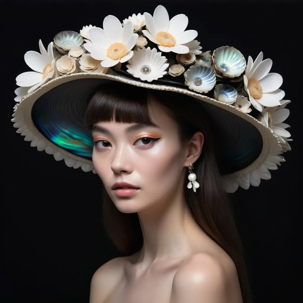 Prompt: Monaco female model with flowers in her hair and a hat on her head and a black background with a white flower, whimsical gorgeous Chen Lu, aestheticism, flowers, portrait featuring abalone and Mother of pearl