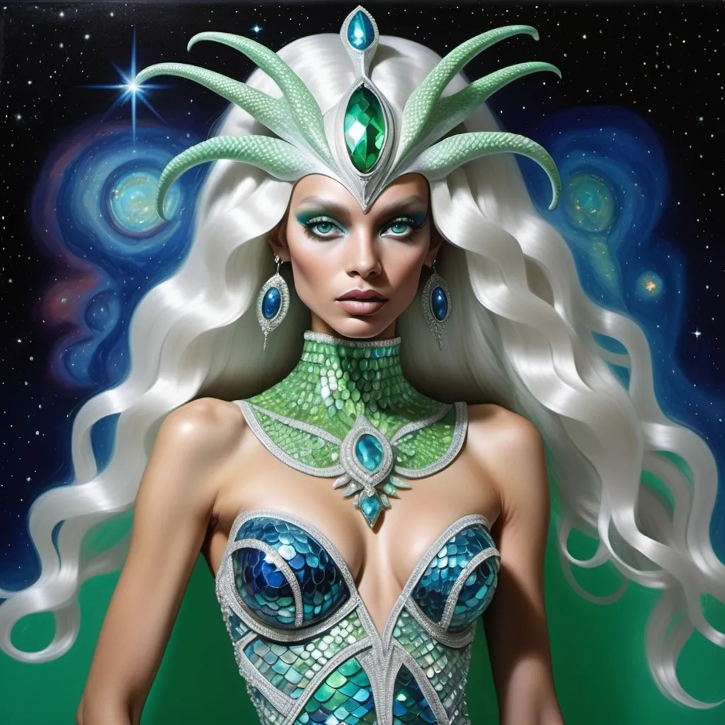 Prompt: Alien martian dreamy cosmic genie Indian  extraterrestrial platinum blue hair and bright green alien dragon scale mermaid scale skin texture with aqua eyes in zuhair Murad beaded fitted embellished pearly white luminous platinum silver chrome blue white pearl opal diamond Swarovski crystal costume gown as a Sandro Botticelli full body cosmic planetary Star Trek Green alien goddess dancer painting with large Cartier royal jewels and mother of pearl atlantis oceanic Atlantic mermaid themed