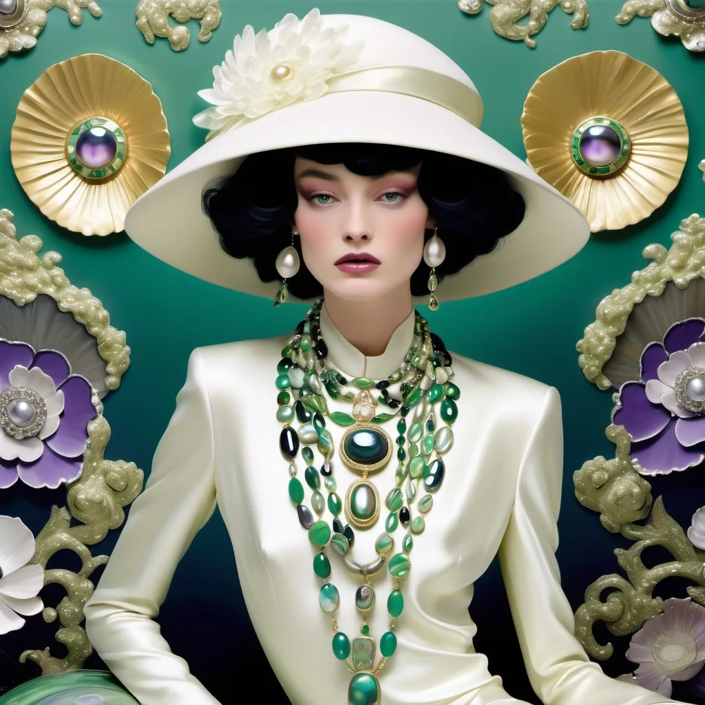 Prompt: Chanel Cartier Gatsby extravagant luxury 1990's 1920's  chinoiserie white shiny luminous abalone mother of pearl elaborate silk white platinum gold penthouse fashion with green abalone and featuring violet jade chartreuse pearl diamond blue black and floral calligraphy art as a Sandro Botticelli painting in Georgia o Keefe transcendent psychedelic style