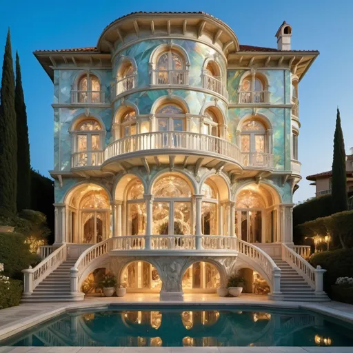 Prompt: Extravagantly Opulent luminescent Mother of pearl exterior on a lavish ocean mansion as a Sandro Botticelli painting