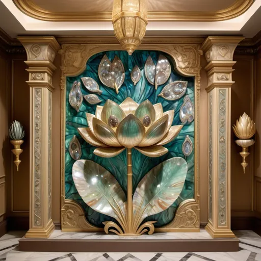 Prompt: Large 3d elaborate Royal cartier diamond lotus leafs with abalone lotus flowers in Monaco palm beach 1929's ornate luxury Egyptian mansion spa room with papyrus flowers as a  Sandro Botticelli painting