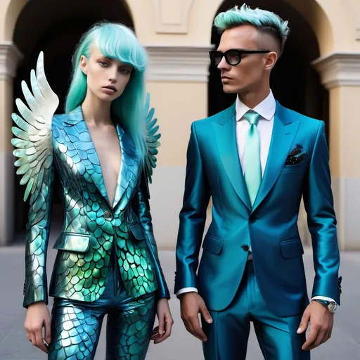 Prompt: a handsome male Catalan polish swedish divine sacred male model with blue hair and blue abalone Armani silk suit and iris van herpen arch Angel Michael wings a Monaco Bulgarian swedish French gorgeous female model with aqua hair and lavish cartier with whimsical gorgeous extravagant aestheticism,  featuring blue abalone and Mother of pearl and chartreuse  turquoise black Prada Armani emilio pucci Valentino fitted Balinese Amazonian silk gown as a Sandro Botticelli portrait painting with large Balinese Polynesian Cartier white  abalone headdress with green opals