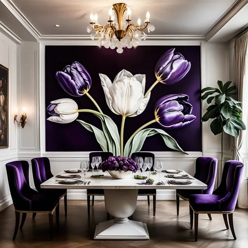 Prompt: Dark purple tulip botanical flower mural in a white ambient opulent indian mandion dining room as a Sandro Botticelli painting