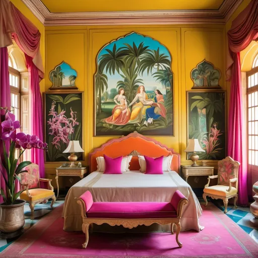 Prompt: Bright vibrant indian silks in a colorful Jaipur India royal exotic luxury mansion bedroom with orchids and tropical flowers admirals on the walls as a Sandro Botticelli painting