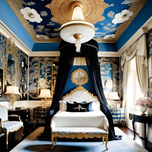 Prompt: Chanel Cartier Gatsby extravagant luxury 1990's 1920's   chinoiserie white abalone mother of pearl elaborate silk white platinum gold penthouse Bollywood Hindi Japanese Royal ornate two story bedroom featuring and blue velvet and black silk lace  and floral calligraphy art as a Sandro Botticelli painting in Georgia o Keefe transcendent psychedelic style with grande chandelier and Abalone ceiling