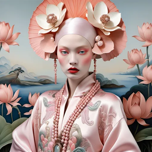 Prompt: Chanel Cartier Armani Gatsby extravagant luxury 1990's 1920's 1940's pink lotus pink dragon chinoiserie white abalone mother of pearl elaborate beaded 1920's Chanel japanese iris van herpen silk penthouse geisha featuring peach lavender and coral hair as a Sandro Botticelli Portrait painting in Georgia o Keefe style