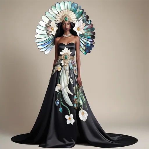 Prompt: Large 3d elaborate orchid abalone belt on a sleek plain black Ralph Lauren fitted silk gown featuring white Monaco Indian model  as a Sandro Botticelli  
Full body portrait painting with a large jeweled orchid shaped crystal headdress