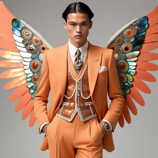 Prompt: Chanel Armani Gatsby extravagant luxury 1990's 1920's 1940's fashion in 
Orange red yellow white abalone on swedish Monaco Catalan Indian Japanese slender tall gorgeous masculine muscular tan stunning male model in elaborate beaded 1920's Chanel japanese Korean fitted  suit with navy chrome peach green ABALONE ANGEL WINGS as a Sandro Botticelli Portrait full body painting in Monaco casino