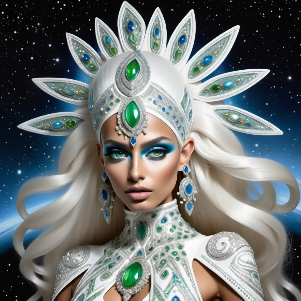 Prompt: White dreamy cosmic genie Indian water extraterrestrial goddess Monaco swedish indian casino showgirl miss India miss universe extravagant with green blueskin and platinum blonde hair and blue eyes in zuhair Murad beaded fitted embellished pearly white luminous platinum silver chrome white pearl opal diamond Swarovski crystal costume gown as a Sandro Botticelli full body cosmic planetary Star Trek alien goddess painting with large Cartier royal jewels and mother of pearl