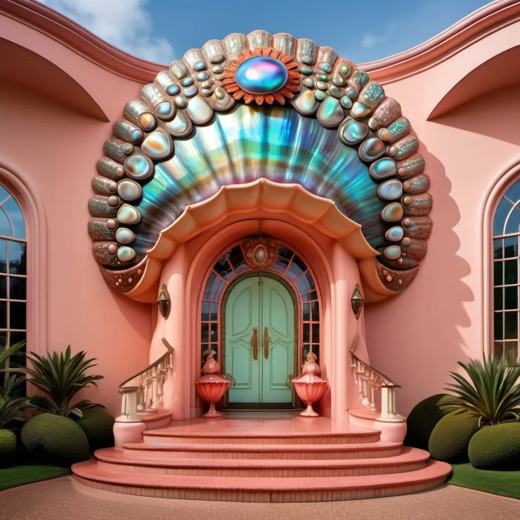 Prompt: a very large peach scallop shell mansion with a walkway leading to it , David LaChapelle, art deco, exotic psychedelic trippy fantastically gaudy, an art deco sculpture as a Sandro Botticelli painting featuring abalone and pearls and opals and coral