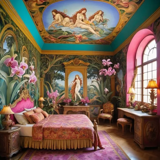 Prompt: vibrantly colorful exotic enchanted mythical bedroom with orchid murals as a sandro botticelli painting