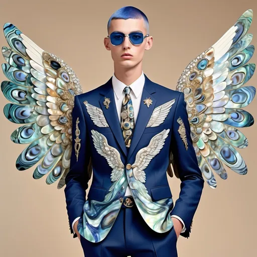 Prompt: Celestial Divine Magnificent whimsical French  abalone camo print navy vibrant indigo white Swarovski crystal watercolor chanel suit on slender attractive tan tall male model with military buzz cut blue hair and with two abalone angel wings in center of back as a Sandro Botticelli full body painting 1950's