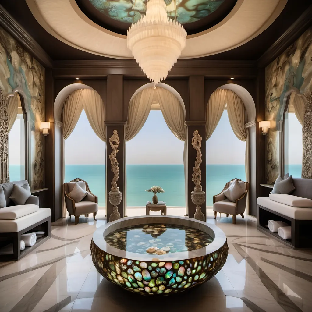 Prompt: Dubai royal Mediterranean Balinese spa room covered in abalone and abalone silk and as a Sandro Botticelli painting with elaborate abalone chandeliers and high ceilings and ocean views