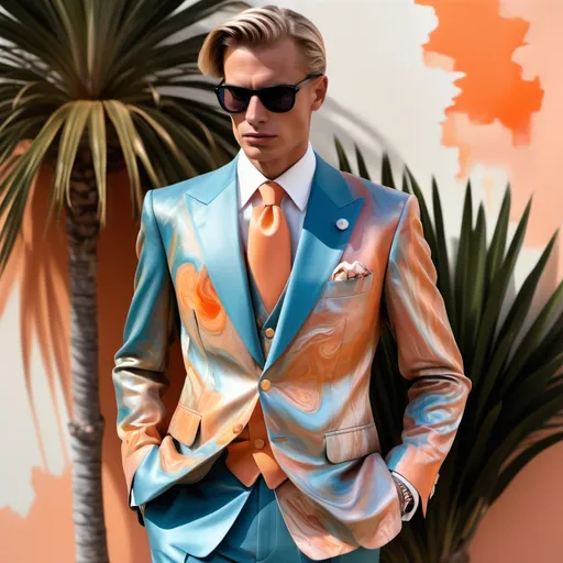 Prompt: Monaco palm beach swedish masculine suit outfit on 1929's 1990's Armani Chanel Hollywood ornate luxury Bulgarian Catalan female and male model painting with luminous pearl abalone peach gold apricot orange burgundy fire opal Jasper psychedelic blue black metallic silver grey platinum watercolor silk hues