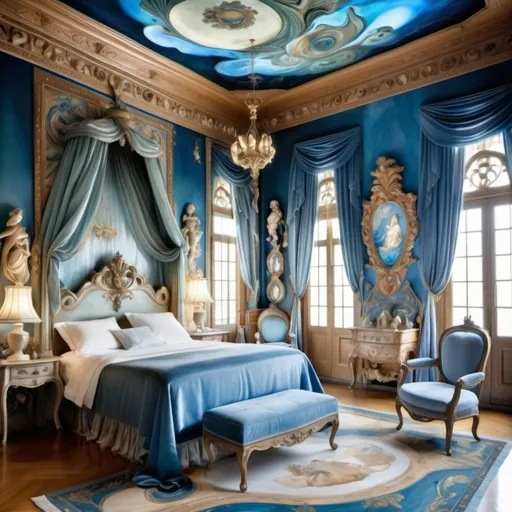 Prompt: Blue abalone and mother of pearl whimsical Renaissance enchanted master bedroom in extravagant mansion as a Sandro Botticelli painting with dreamy blue hues