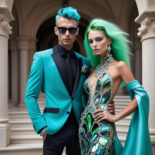 Prompt: a handsome male Catalan Greek swedish divine sacred male model with green hair and blue abalone Armani silk suit and a Monaco Bulgarian swedish French gorgeous female model with aqua hair and lavish cartier with whimsical gorgeous extravagant aestheticism,  featuring blue abalone and Mother of pearl and chartreuse pale blue neon turquoise black vibrant beaded zuhair Murad fitted ornate Swarovski abalone gown as a Sandro Botticelli portrait painting with large Balinese Polynesian Cartier white  abalone headdress with green opals