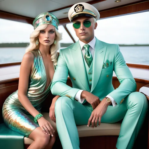 Prompt: 1920's glamorous Gatsby billionaire vibrant sea foam tarun tahiliani Armani yacht captain suit on an attractive muscular masculine swedish model with platinum blonde hair sitting in large luxury yacht featuring abalone shell features as a Sandro Botticelli full body couple portrait with 4 showgirls in elaborate abalone watercolor costume gown and abalone headdress with light vibrant green Swarovski crystal large star beams kaleidoscope abstract background