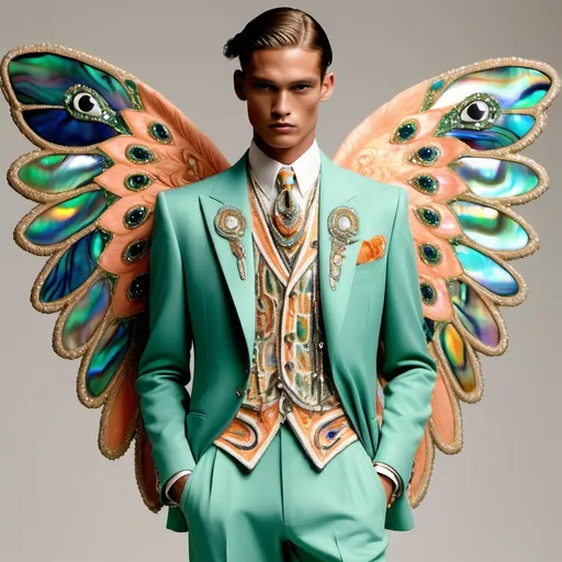 Prompt: Chanel Armani Gatsby extravagant luxury 1990's 1920's 1940's fashion in psychedelic embroidered beaded 
Orange Green Blue yellow white abalone on Monaco Catalan Indian slender tall gorgeous masculine muscular tan stunning male model in elaborate beaded 1920's Chanel japanese Korean fitted  suit with navy chrome peach green ABALONE ANGEL WINGS as a Sandro Botticelli Portrait full body painting in Monaco casino