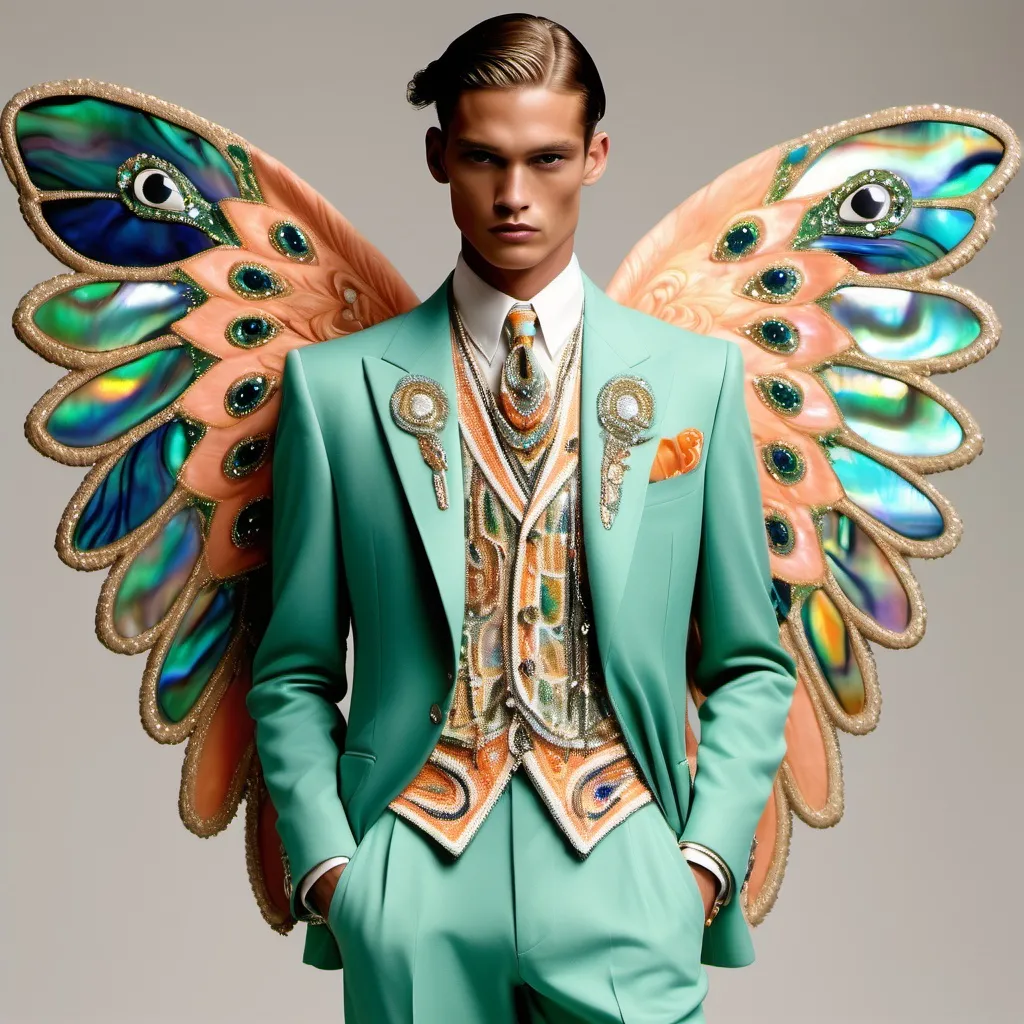 Prompt: Chanel Armani Gatsby extravagant luxury 1990's 1920's 1940's fashion in psychedelic embroidered beaded 
Orange Green Blue yellow white abalone on Monaco Catalan Indian slender tall gorgeous masculine muscular tan stunning male model in elaborate beaded 1920's Chanel japanese Korean fitted  suit with navy chrome peach green ABALONE ANGEL WINGS as a Sandro Botticelli Portrait full body painting in Monaco casino