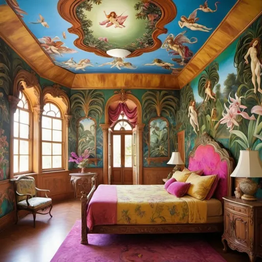 Prompt: vibrantly colorful exotic enchanted mythical bedroom with orchid murals as a sandro botticelli painting