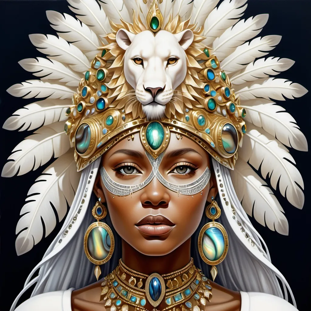 Prompt: Gorgeous white Bulgarian goddess from south Africa with an ornate regal jeweled gold abalone headdress and a lion behind her, , Chinwe Chukwuogo-Roy, futurism, highly detailed digital painting, a photorealistic painting