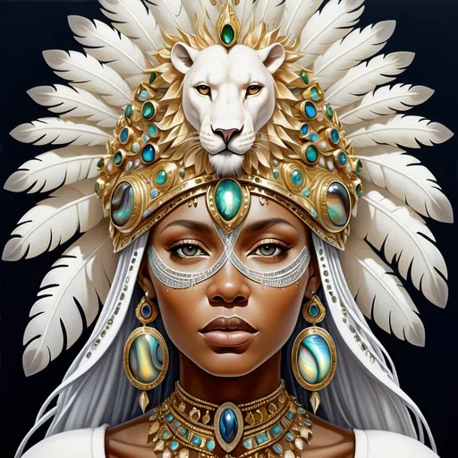 Prompt: Gorgeous white Bulgarian goddess from south Africa with an ornate regal jeweled gold abalone headdress and a lion behind her, , Chinwe Chukwuogo-Roy, futurism, highly detailed digital painting, a photorealistic painting