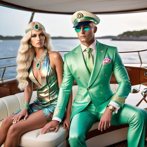 Prompt: 1920's billionaire vibrant pastel abalone green crystal fitted tarun tahiliani yacht captain suit on an attractive muscular masculine swedish model with platinum blonde hair sitting in large luxury yacht featuring abalone shell features as a Sandro Botticelli full body couple portrait with 4 showgirls in elaborate abalone watercolor costume gown and abalone headdress with light vibrant green Swarovski crystal large star beams kaleidoscope abstract background