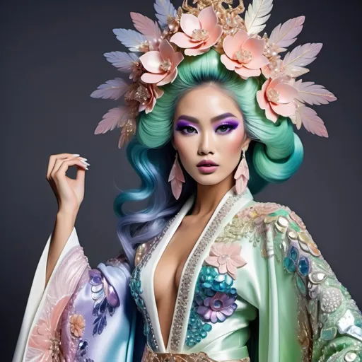 Prompt: Divine Angelic gorgeous feminine goddess Polynesian Hawaiian Balinese Thai Japanese geisha miss japan miss universe extravagant costume with vibrant pastel green bold styled hair and purple eyes in zuhair Murad beaded fitted kimono gown in embellished pearly white pink peach lavender blue gold navy indigo Abalone pastel blue luminous blue topaz platinum silver chrome white pearl opal diamond Swarovski crystal as a Sandro Botticelli full body painting with large Cartier green large royal floral jewels and mother of pearl and green psychedelic abalone emerald chartreuse headdress