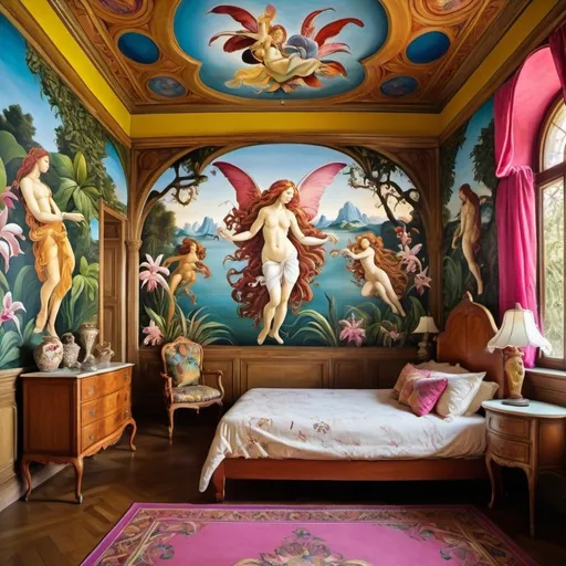 Prompt: vibrantly colorful exotic enchanted mythical bedroom with orchid murals as a sandro botticelli painting