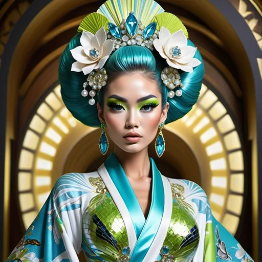 Prompt: Divine Angelic gorgeous feminine goddess Polynesian Hawaiian Balinese Thai Japanese geisha miss japan miss universe extravagant costume with vibrant turquoise styled hair and green eyes in zuhair Murad beaded fitted kimono gown in embellished pearly white blue gold chartreuse lime green pastel blue luminous blue topaz platinum silver chrome white pearl opal diamond Swarovski crystal as a Sandro Botticelli full body painting with large Cartier royal floral jewels and mother of pearl and white abalone aquamarine headdress with pearls blue lotus