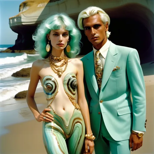 Prompt: Valentino PUCCI FERRAGAMO Armani 1990's 1970'S PSYCHEDELIC Hollywood OUTFITS  WITH SHELLS  and gold Cartier accents and abalone on swedish Indian Brazilian slender tall gorgeous female and male model with sea foam green hair as a Sandro Botticelli full body elegant fashion editorial French couple portrait painting featuring two people and with mother of pearl and large abalone STARFISH SEA SHELL palm headdress with aquamarine and diamonds