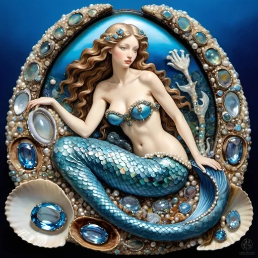 Prompt: Gorgeous blue mermaid in a giant blue clam with blue topaz gemstones and aquamarine gem stones and pearls and ABALONE as a Sandro Botticelli painting