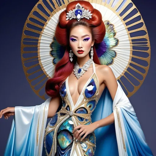 Prompt: Divine Angelic gorgeous feminine goddess Polynesian Hawaiian Balinese Thai Japanese geisha miss japan miss universe extravagant costume with vibrant red styled hair and purple eyes in zuhair Murad beaded fitted kimono gown in embellished pearly white blue gold navy indigo Abalone pastel blue luminous blue topaz platinum silver chrome white pearl opal diamond Swarovski crystal as a Sandro Botticelli full body painting with large Cartier royal floral jewels and mother of pearl and white abalone aquamarine emerald citronite chartreuse micro orchid headdress with pearls blue lotus